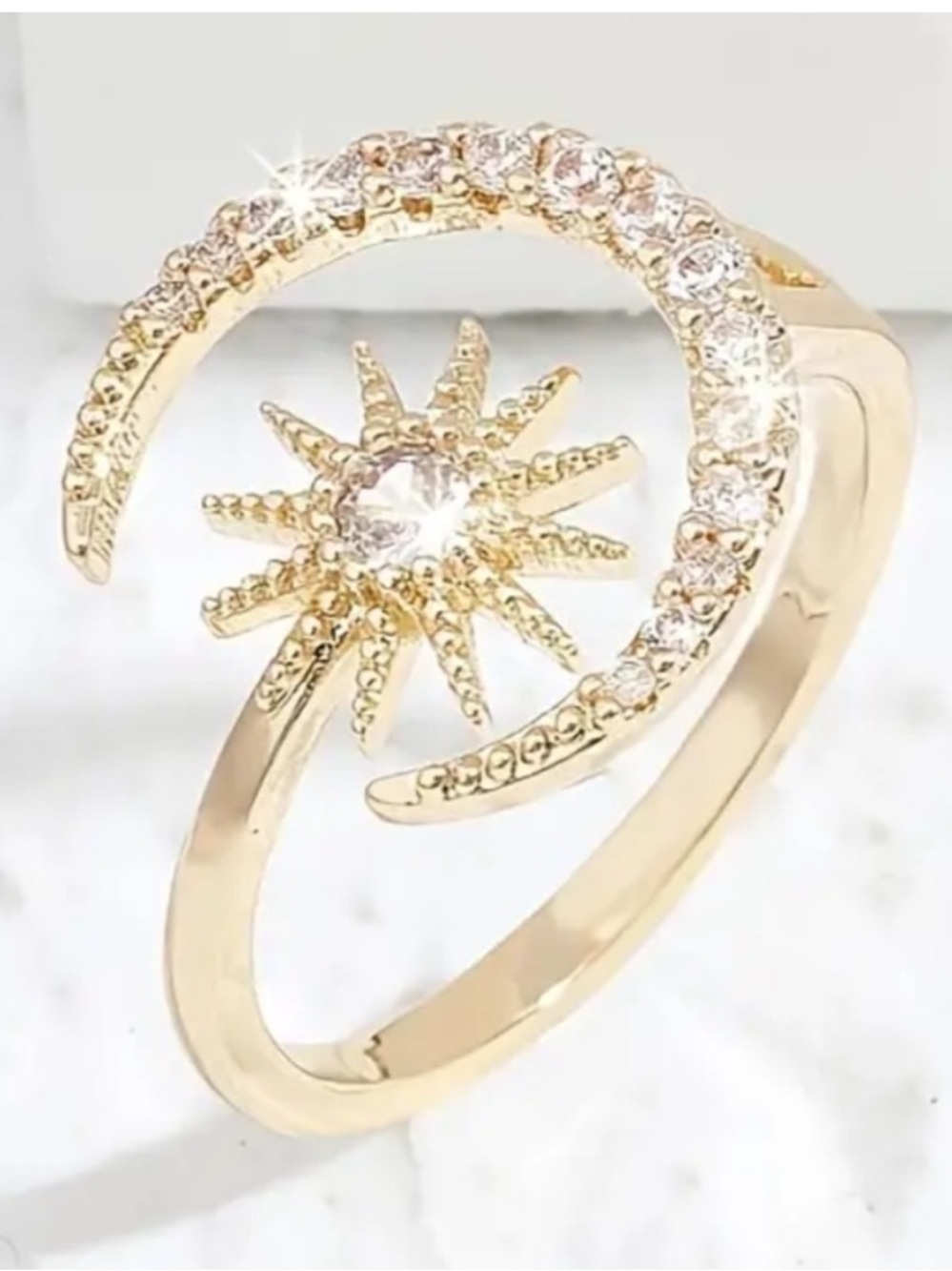 Gold Plated Sun & Crescent Ring with Clear Stones - Women Jewelry NWT